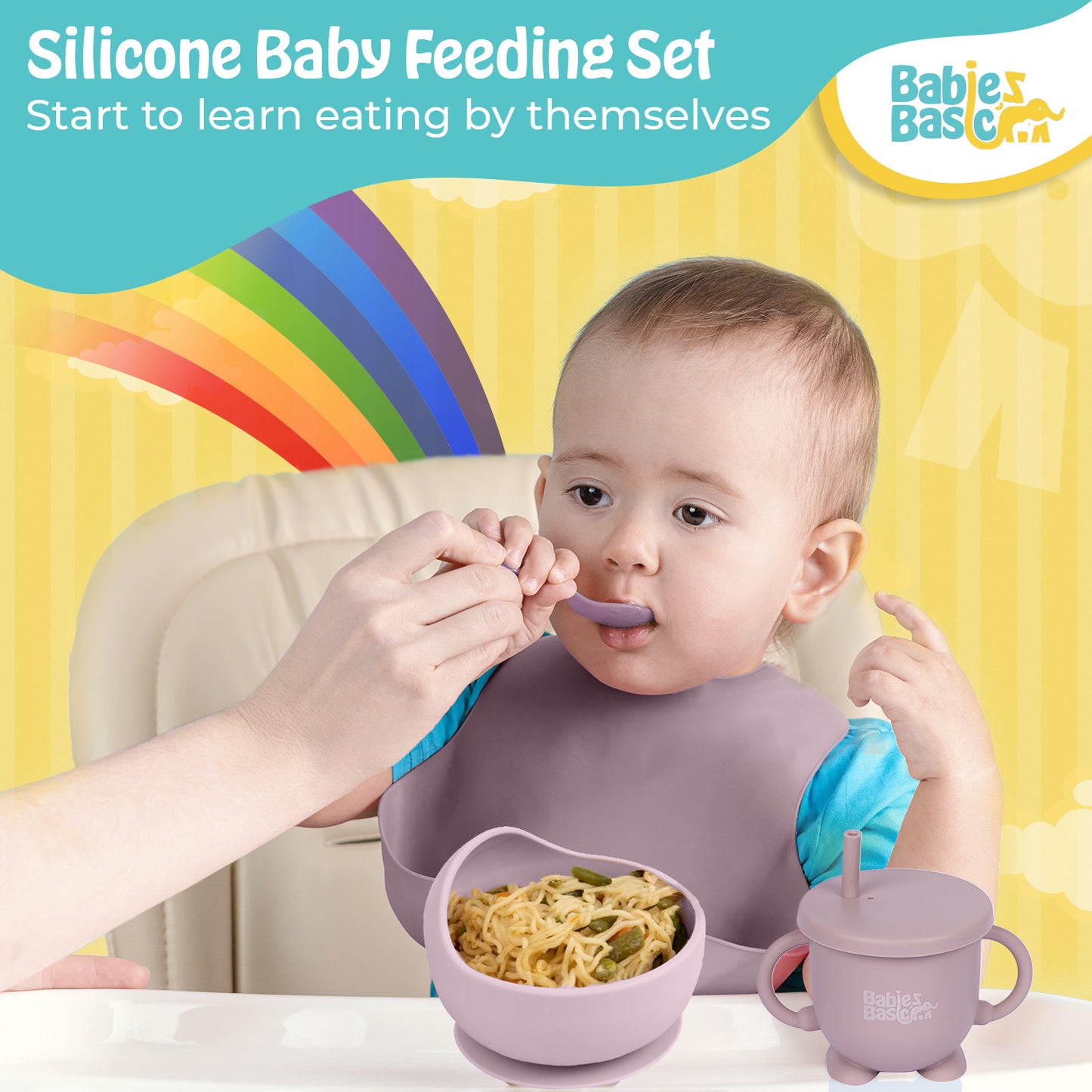 BabiesBasic Feeding Set, 6 Piece, Silicone Plate, Bowl, Bib, Spoon , Fork and 2 in 1 Cup - Blush