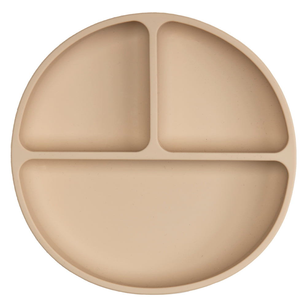 BabiesBasic Feeding Set, 6 Piece, Silicone Plate, Bowl, Bib, Spoon , Fork and 2 in 1 Cup - Beige