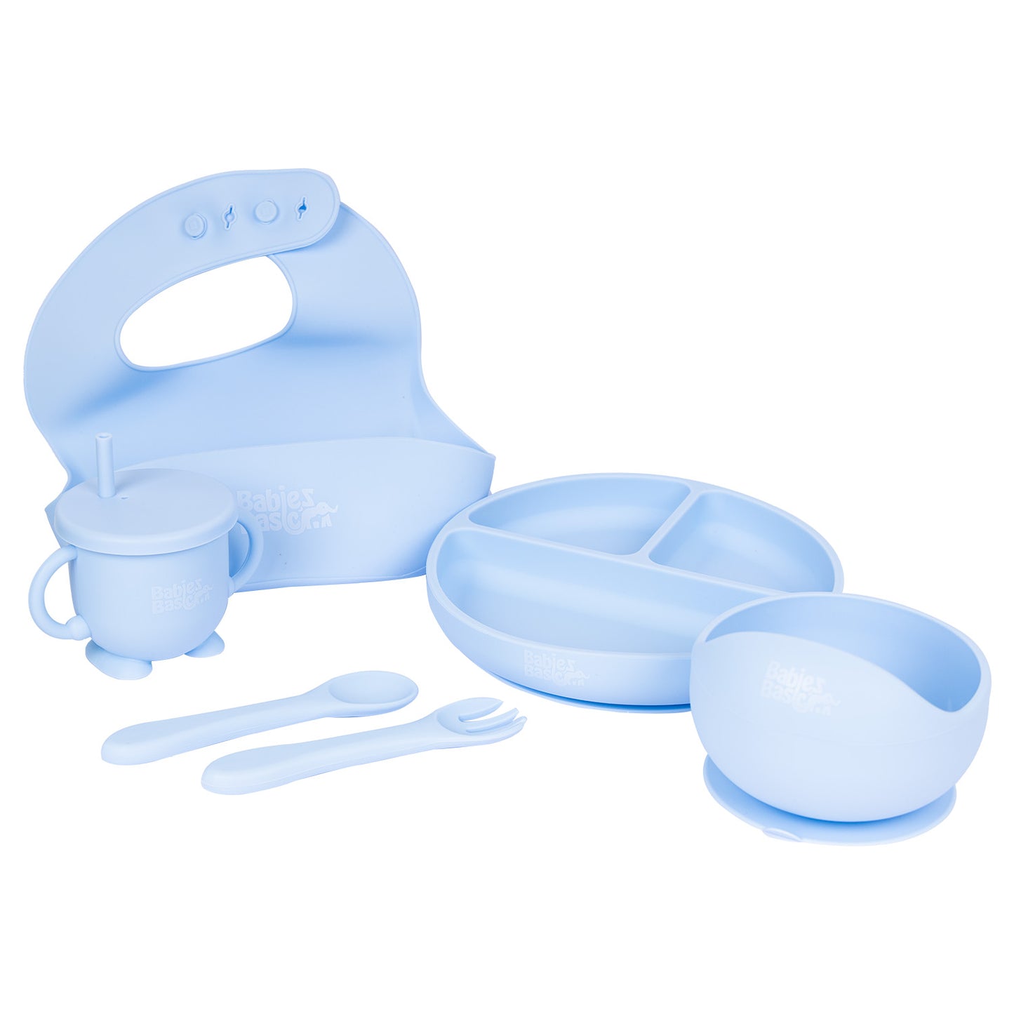 BabiesBasic Feeding Set, 6 Piece, Silicone Plate, Bowl, Bib, Spoon , Fork and 2 in 1 Cup - Blue