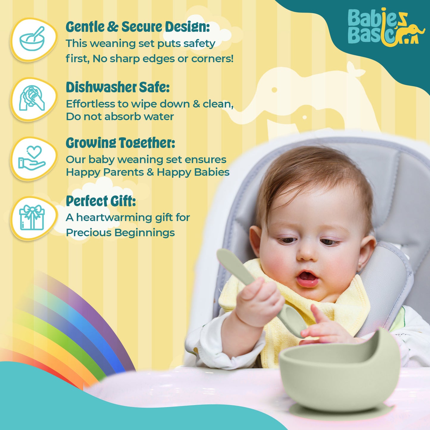 BabiesBasic Feeding Set, 6 Piece, Silicone Plate, Bowl, Bib, Spoon , Fork and 2 in 1 Cup - Green