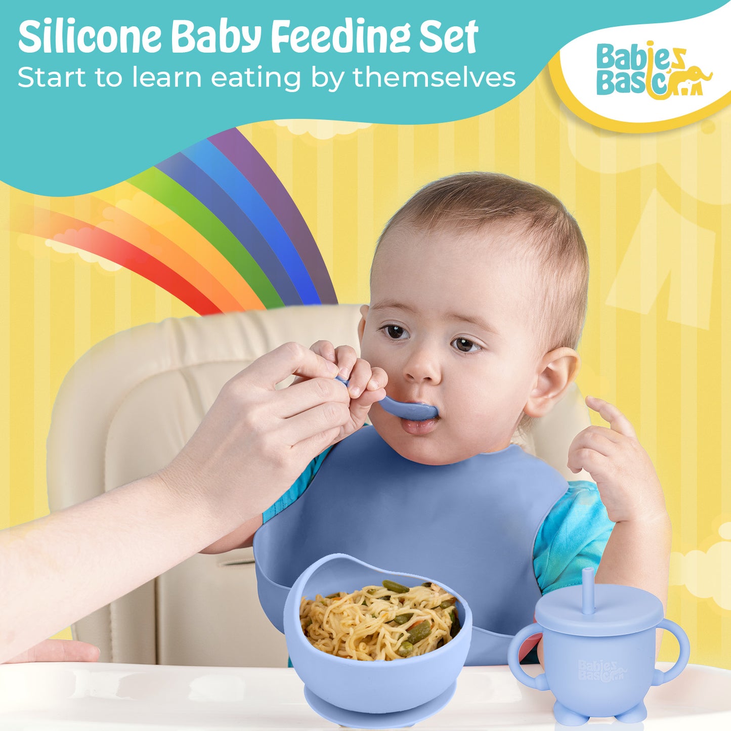 BabiesBasic Feeding Set, 6 Piece, Silicone Plate, Bowl, Bib, Spoon , Fork and 2 in 1 Cup - Blue