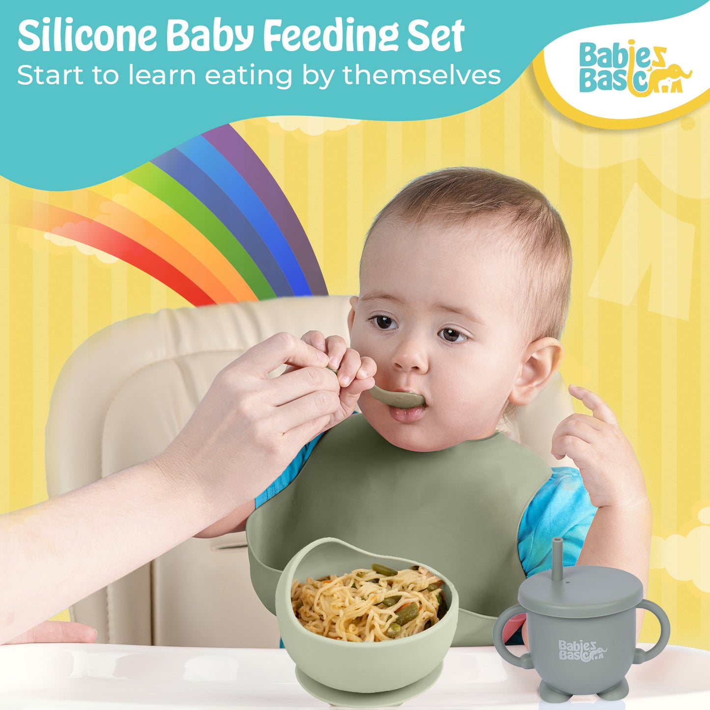 BabiesBasic Feeding Set, 6 Piece, Silicone Plate, Bowl, Bib, Spoon , Fork and 2 in 1 Cup - Green
