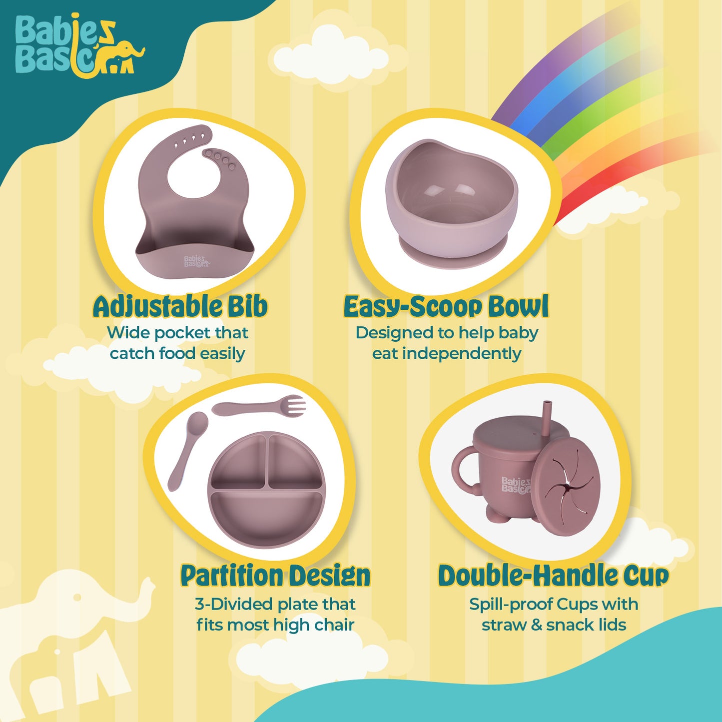 BabiesBasic Feeding Set, 6 Piece, Silicone Plate, Bowl, Bib, Spoon , Fork and 2 in 1 Cup - Blush