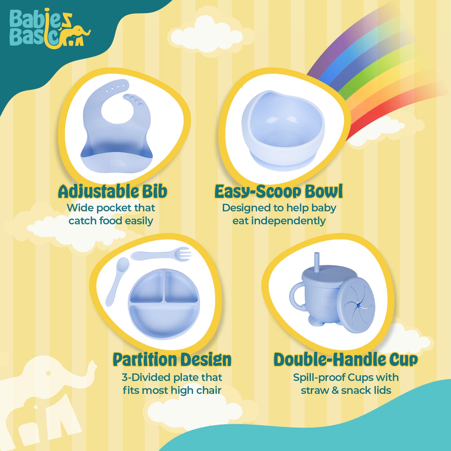 BabiesBasic Feeding Set, 6 Piece, Silicone Plate, Bowl, Bib, Spoon , Fork and 2 in 1 Cup - Blue