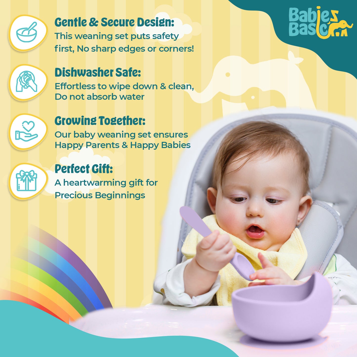 BabiesBasic Feeding Set, 6 Piece, Silicone Plate, Bowl, Bib, Spoon , Fork and 2 in 1 Cup - Purple