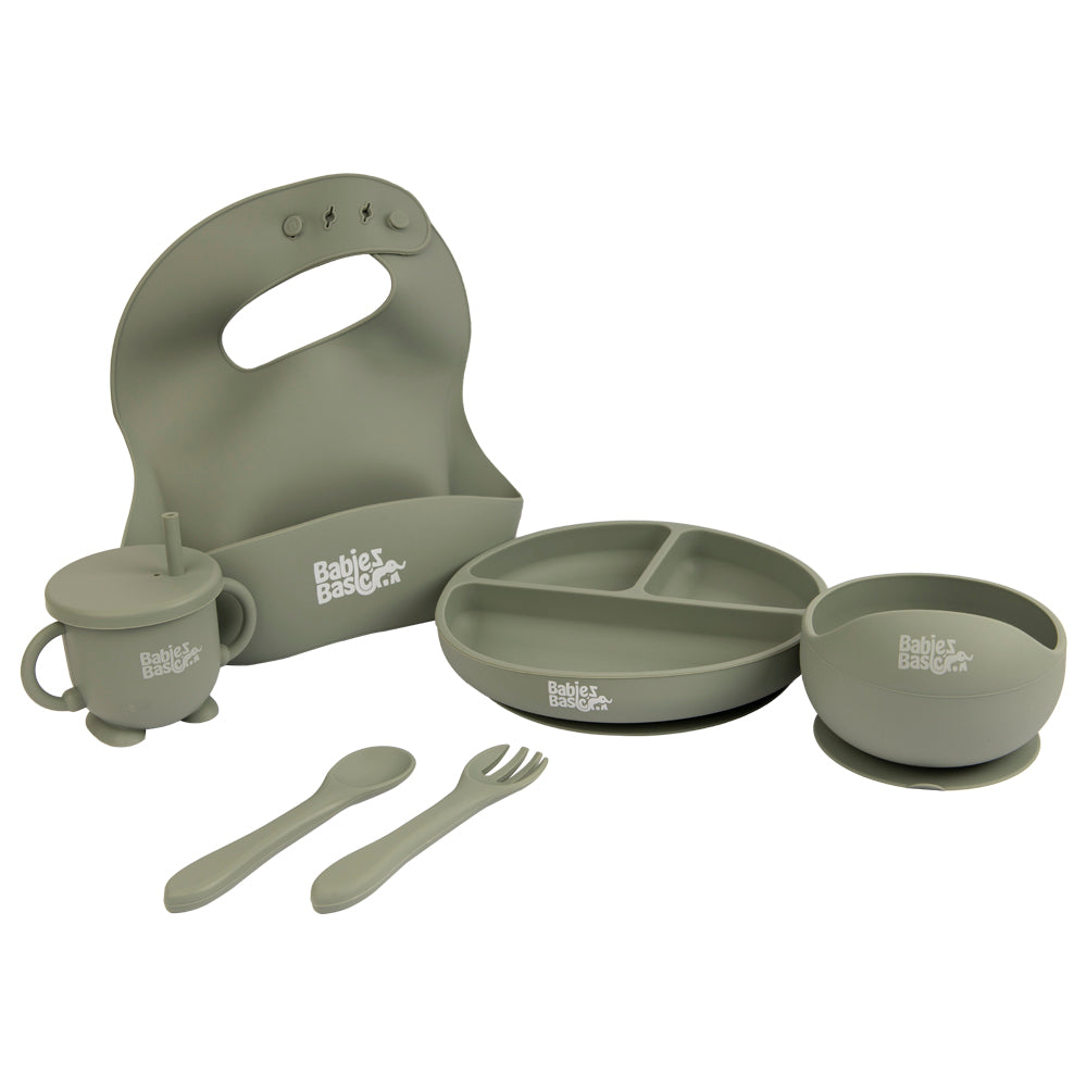 BabiesBasic Feeding Set, 6 Piece, Silicone Plate, Bowl, Bib, Spoon , Fork and 2 in 1 Cup - Green