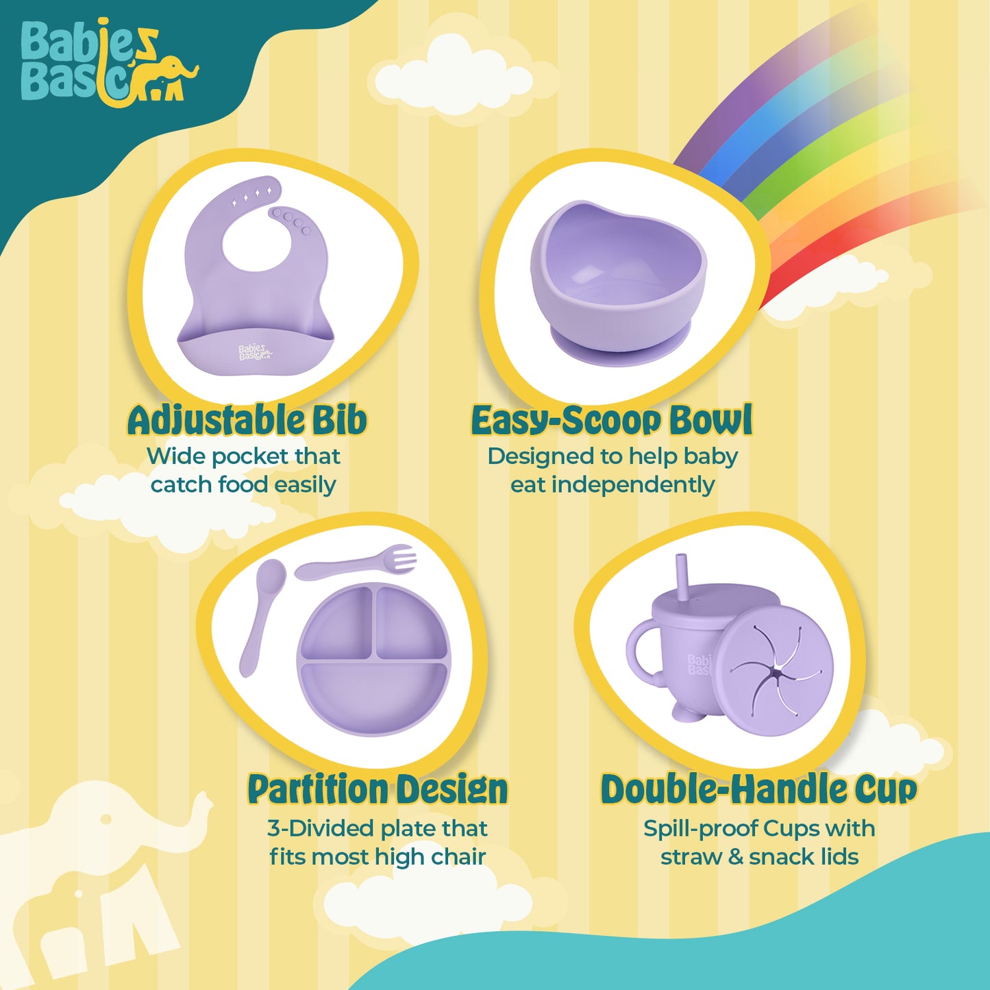 BabiesBasic Feeding Set, 6 Piece, Silicone Plate, Bowl, Bib, Spoon , Fork and 2 in 1 Cup - Purple