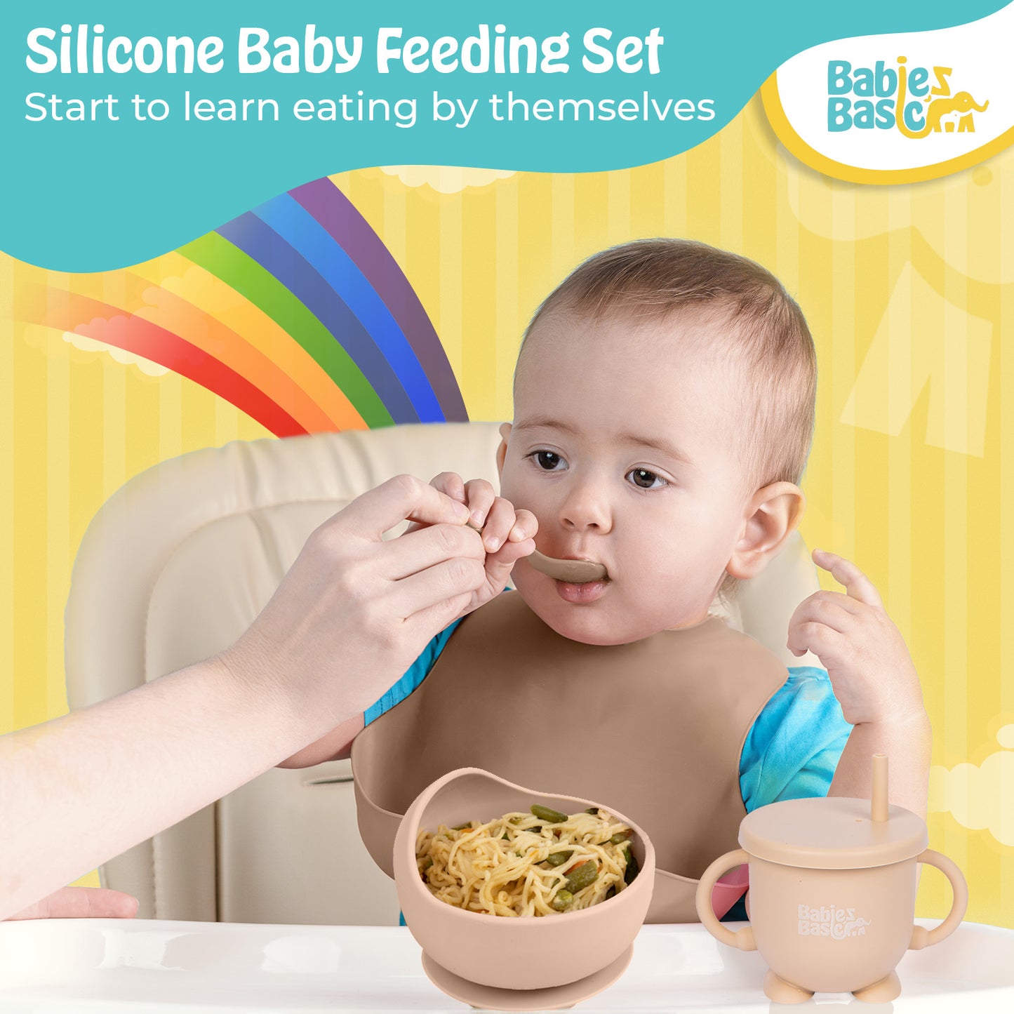 BabiesBasic Feeding Set, 6 Piece, Silicone Plate, Bowl, Bib, Spoon , Fork and 2 in 1 Cup - Beige