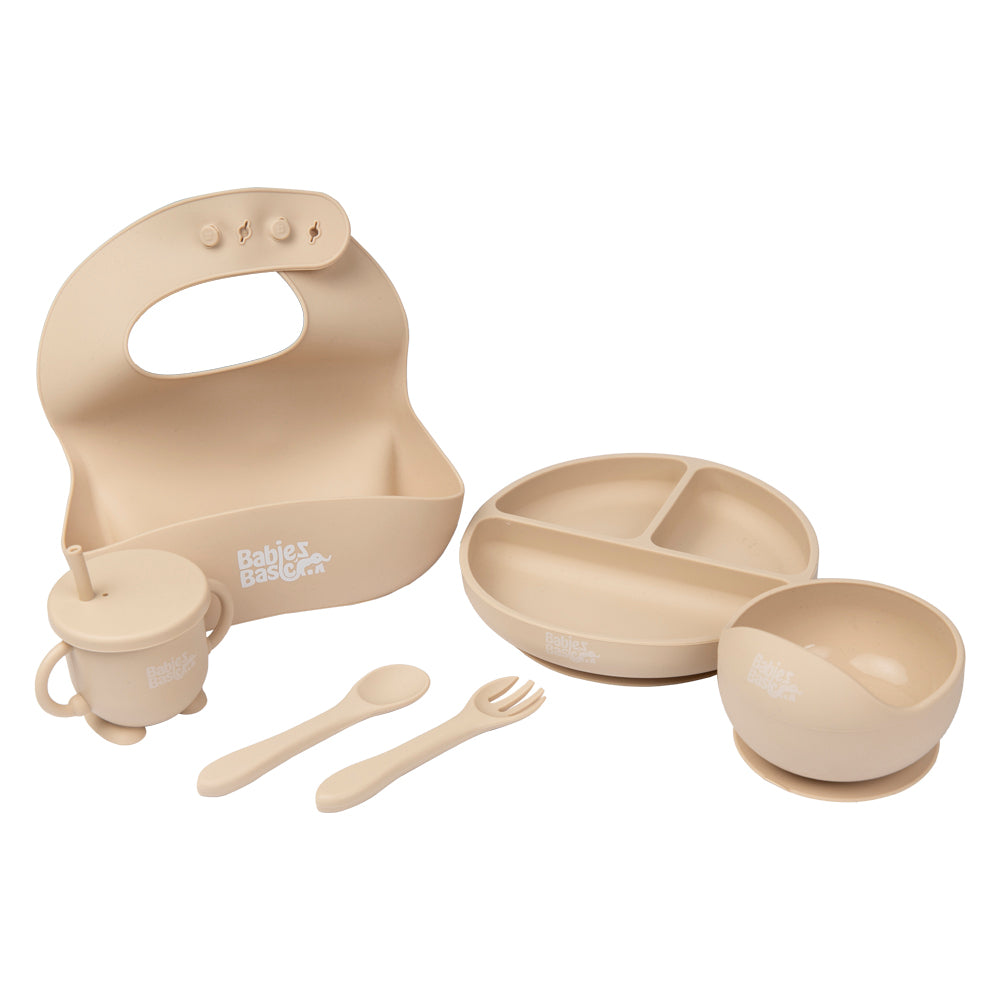 BabiesBasic Feeding Set, 6 Piece, Silicone Plate, Bowl, Bib, Spoon , Fork and 2 in 1 Cup - Beige