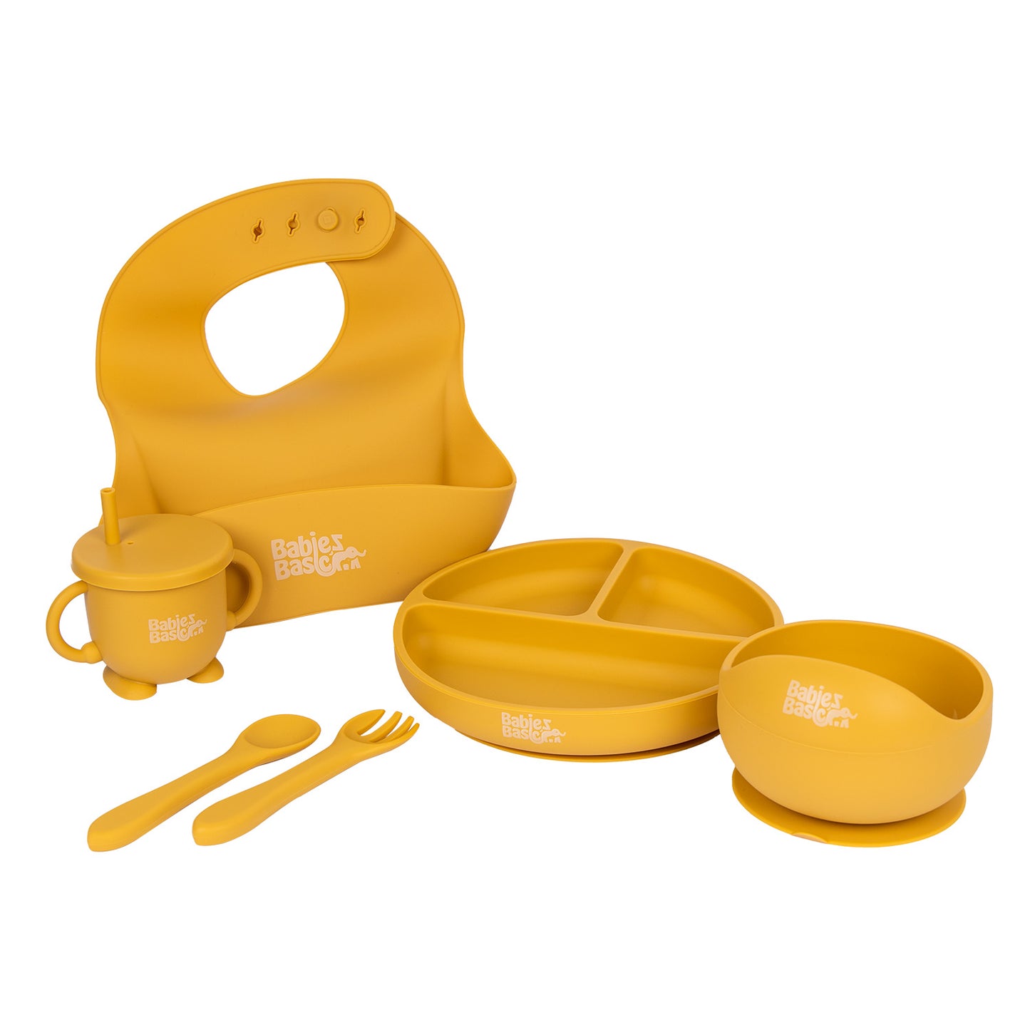 BabiesBasic Feeding Set, 6 Piece, Silicone Plate, Bowl, Bib, Spoon , Fork and 2 in 1 Cup - Yellow