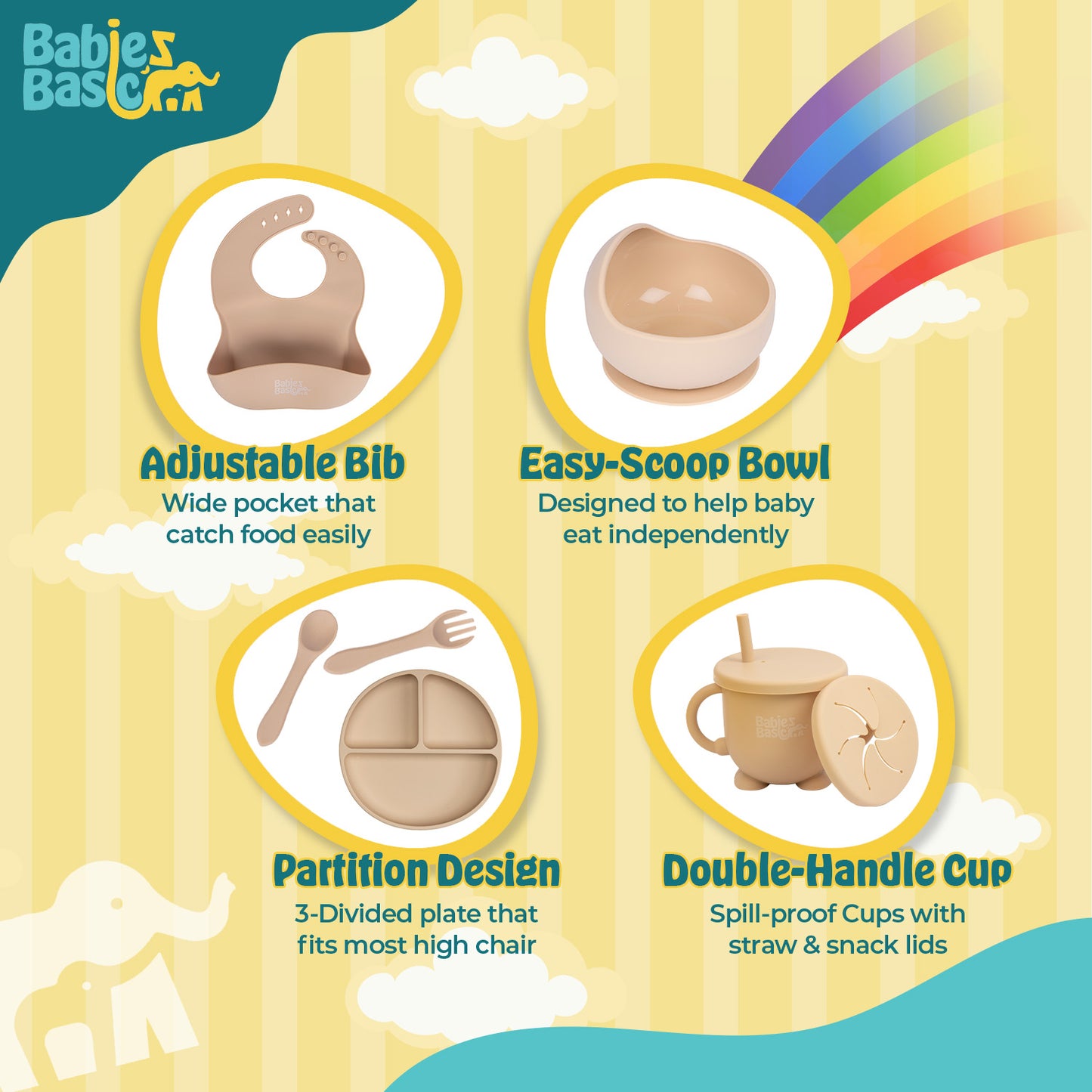 BabiesBasic Feeding Set, 6 Piece, Silicone Plate, Bowl, Bib, Spoon , Fork and 2 in 1 Cup - Beige