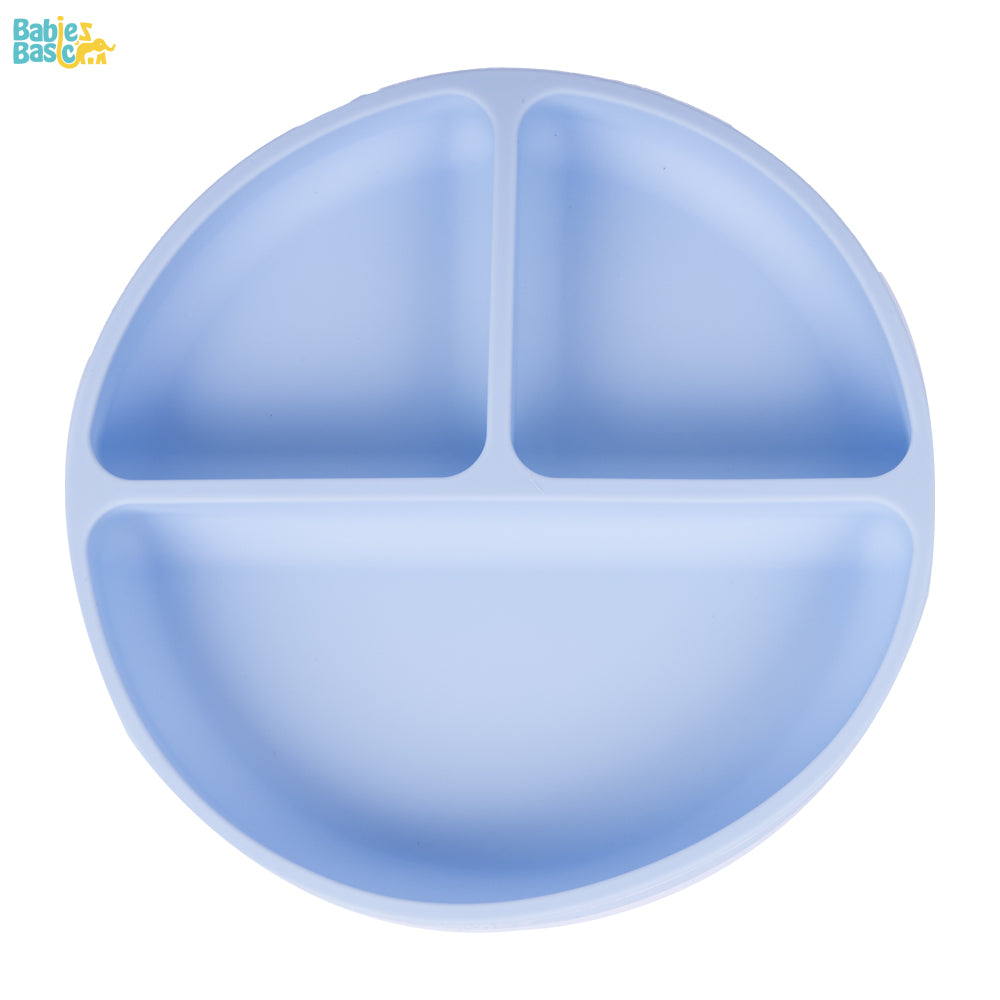 BabiesBasic Feeding Set, 6 Piece, Silicone Plate, Bowl, Bib, Spoon , Fork and 2 in 1 Cup - Blue