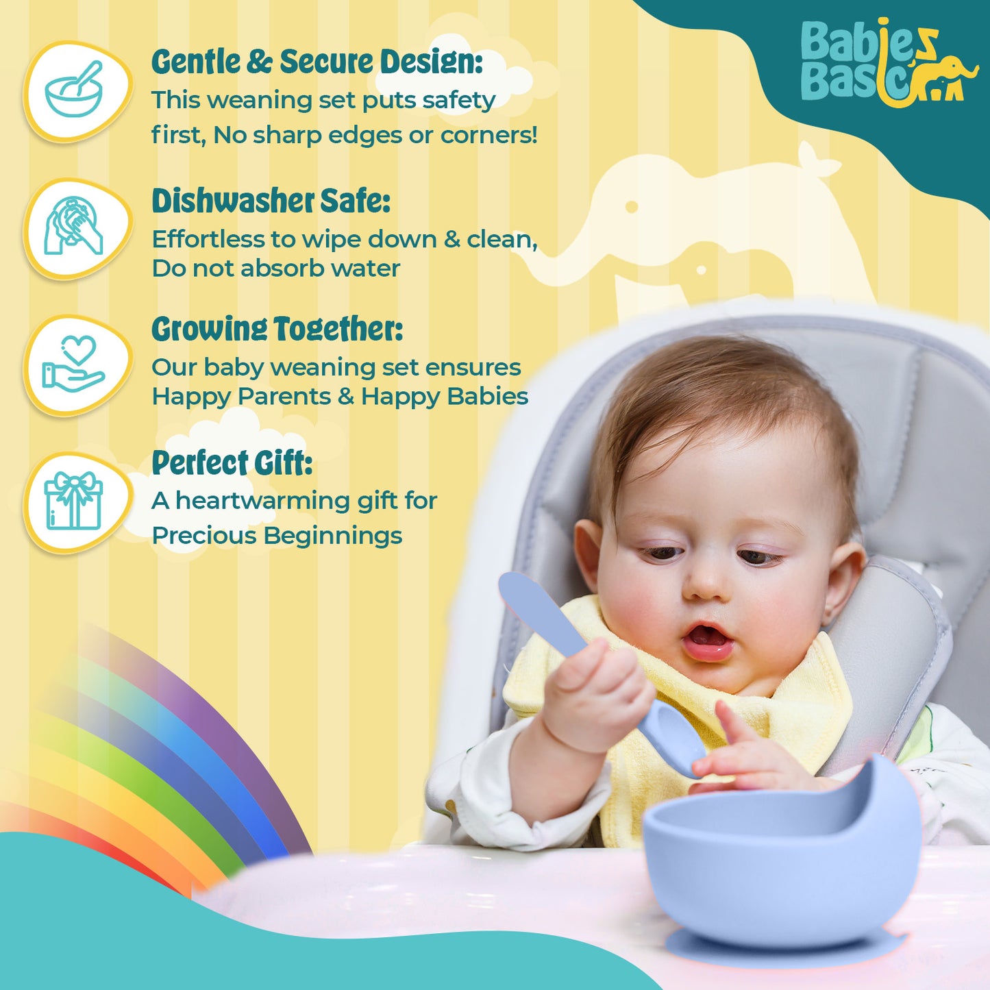 BabiesBasic Feeding Set, 6 Piece, Silicone Plate, Bowl, Bib, Spoon , Fork and 2 in 1 Cup - Blue