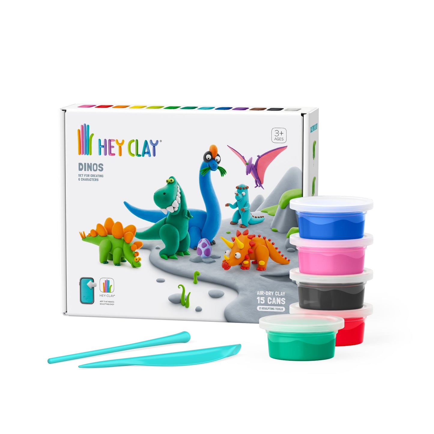 Hey Clay -  Dinos Set-Colourful Modeling Kids-Air Dry Clay Kit 15 Cans-Multicolor