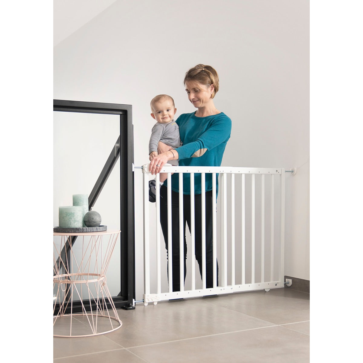 Badabulle - Deco Pop Wooden Extending Safety Gate | 63 To 106Cm Wide | Pressure Fit Or Screw Mounted, White