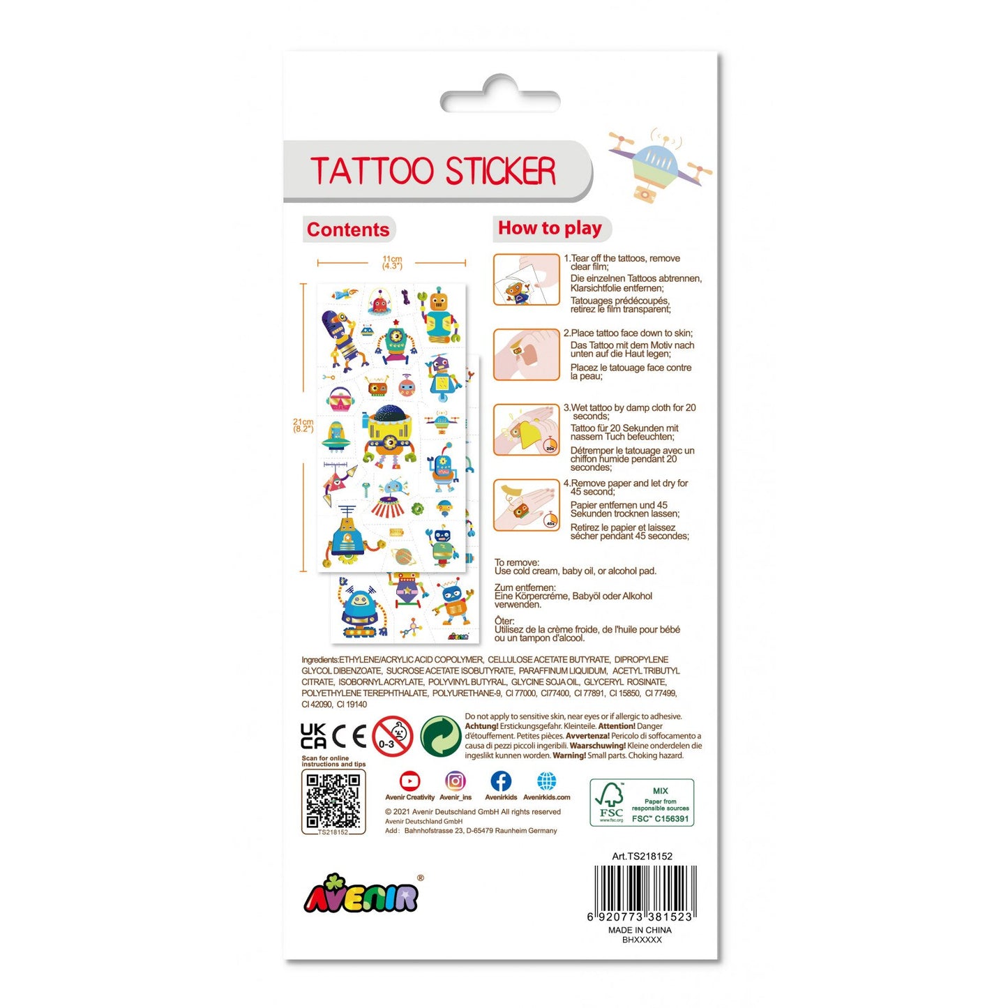 Avenir - Tattoo Sticker - Robot | 50Pc Set Of Temporary Tattoos -Multicolor