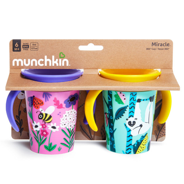 Munchkin- Miracle® 360° Wildlove Trainer Cup 6Oz -  Pack Of 2 -6 Months  - Lemur & Bee