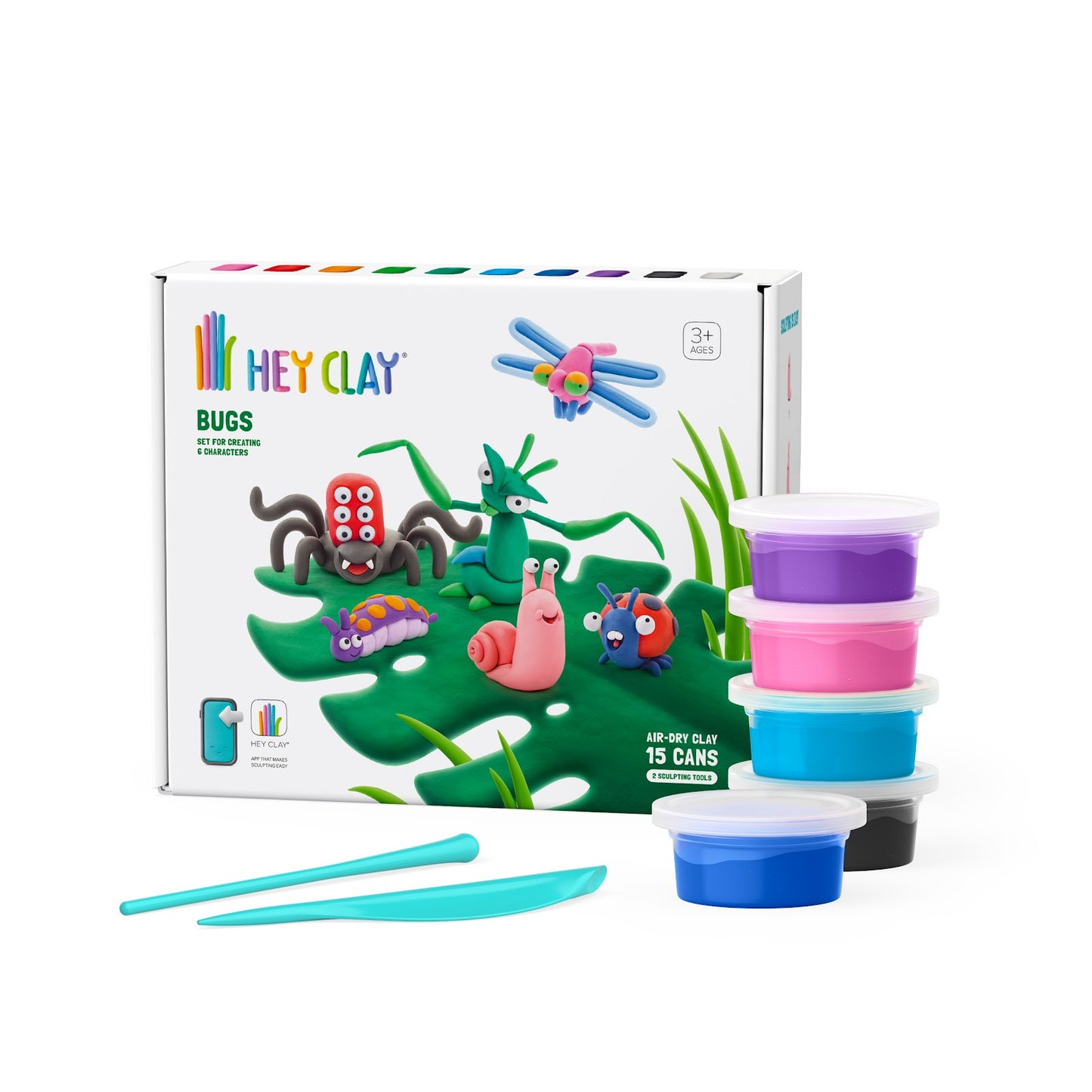 Hey Clay -  Bugs Set-Colourful Modeling Kids-Air Dry Clay Kit 15 Cans -Multicolor