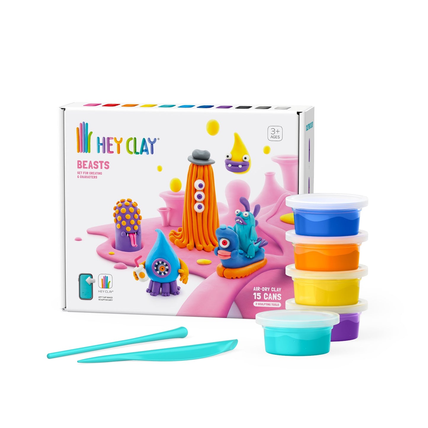 Hey Clay -  Beasts Set-Colourful Modeling Kids-Air Dry Clay Kit 15 Cans -Multicolor