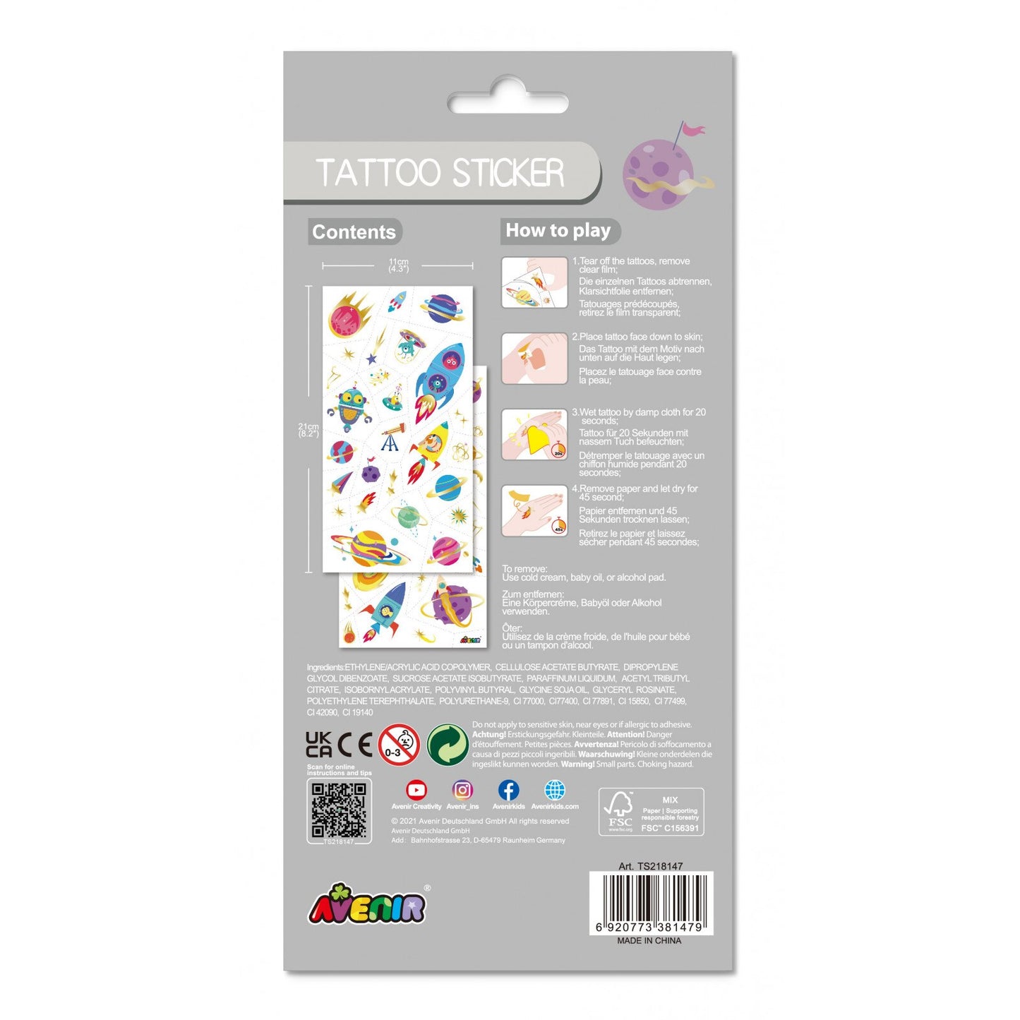 Avenir - Tattoo Sticker - Space | 53Pc Set Of Temporary Tattoos -Multicolor