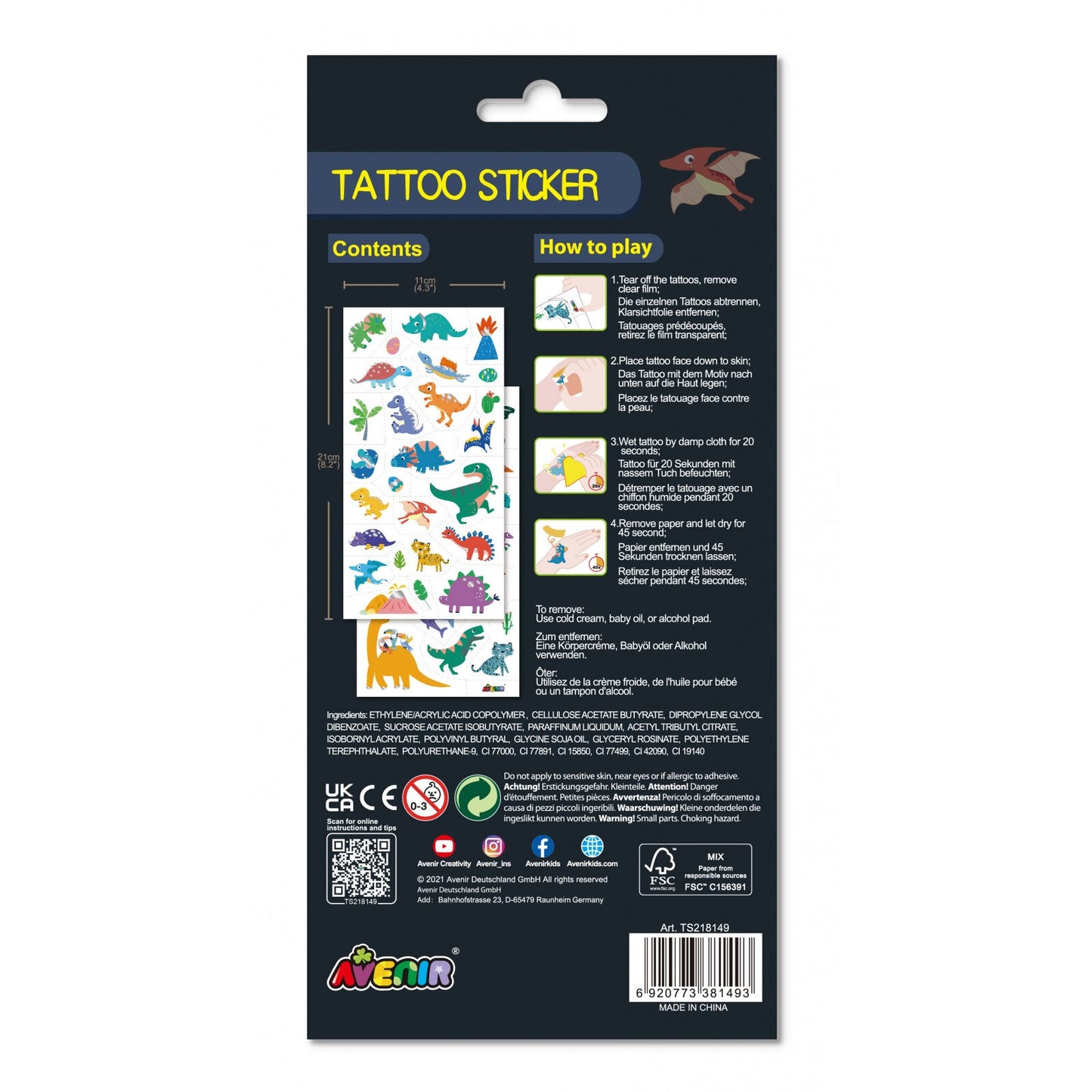 Avenir - Tattoo Sticker - Dino | 52Pc Set Of Temporary Tattoos -Multicolor