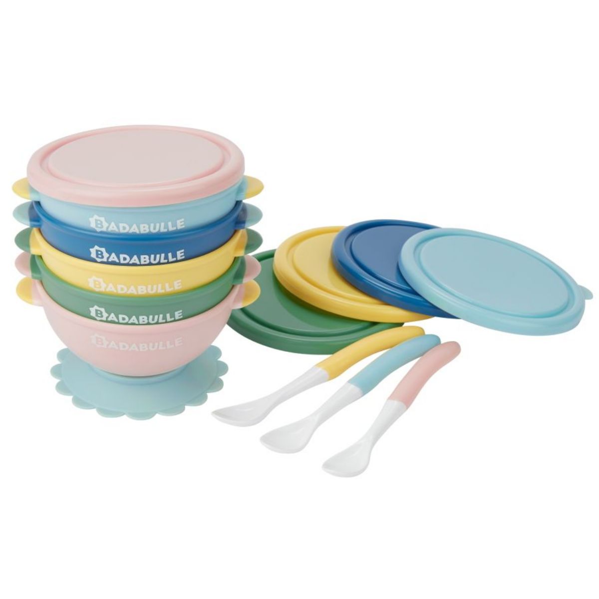 Badabulle - Badabowls | Non Slip 330Ml X 5 & 3 Flexible Spoons For Toddlers, Babies With Silicone Suction Feeding Utensils And Secure Lids | Bpa Free, Pack Of 5