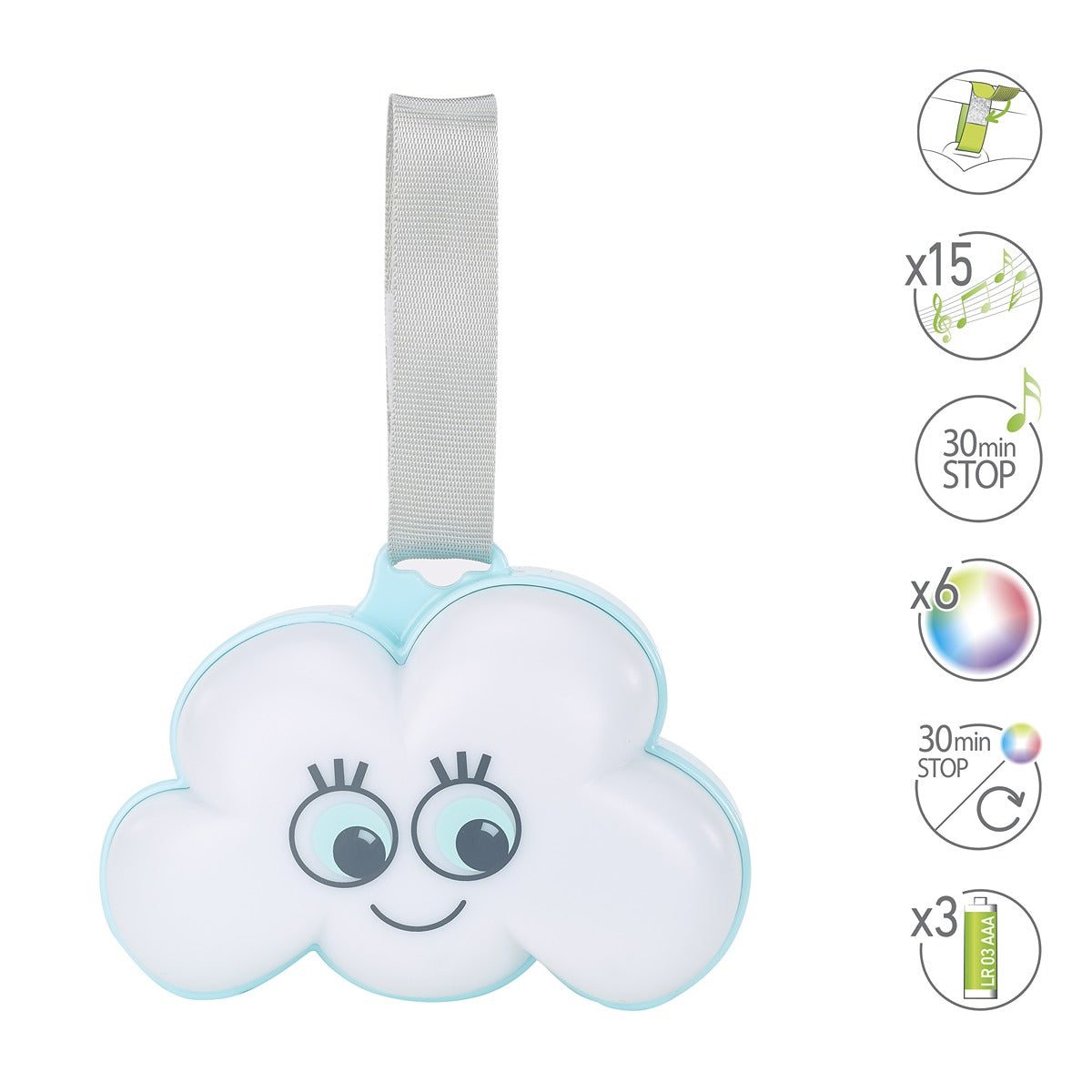 Badabulle Cloud Night Light, Fits On All Surfaces With Velcro Fastener, 15 Lullabies, 6 Light Colours, 30 Mins Auto Shut-Off