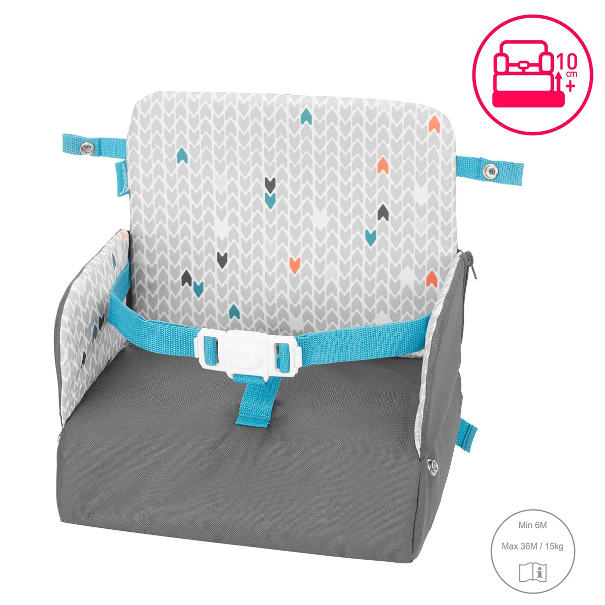 Badabulle Travel Booster Seat (Yummy) 6-36M Extremely Compact, Raises By 10Cms Turns Into Backpack & Comes Large Enclosed Storage Compartment