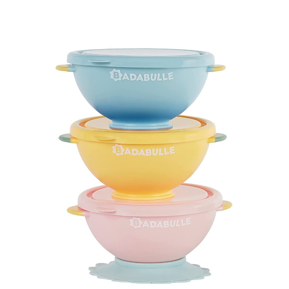 Badabulle - Set Of 3 Funcolors Bowls | With Lid And 1 Non-Slip Suction Base - 330 Ml