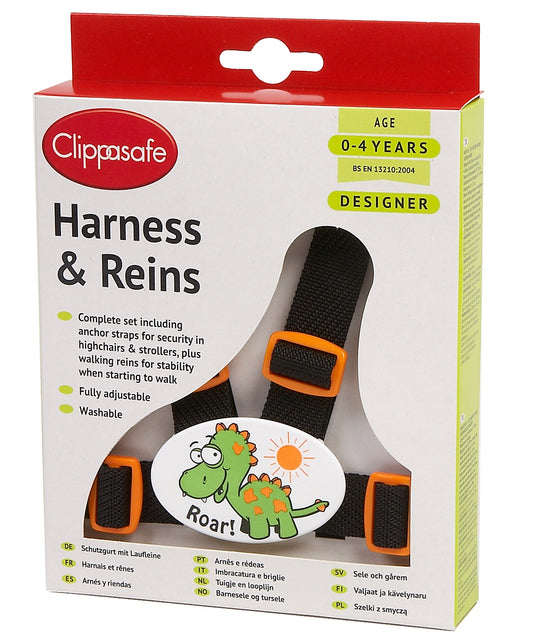 Clippasafe- Designer Dinosaur Harness & Reins- Black