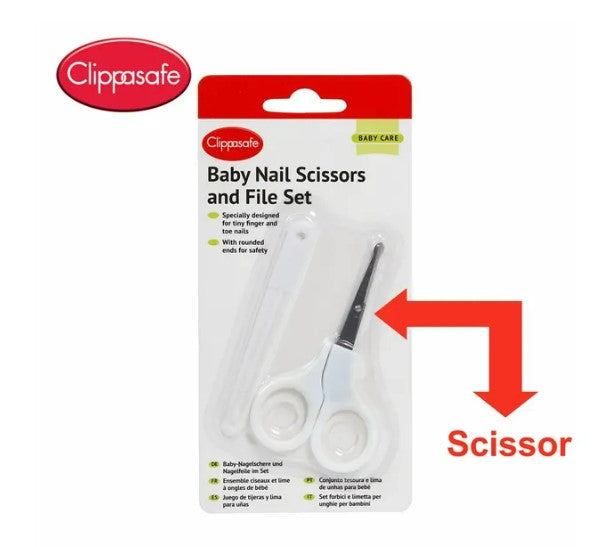 Clippasafe- Baby Nail Scissors & File Set 2-In-1 Grip,- White