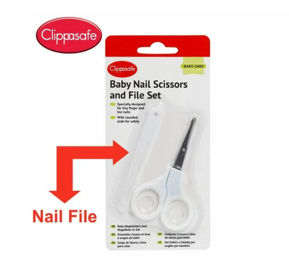 Clippasafe- Baby Nail Scissors & File Set 2-In-1 Grip,- White