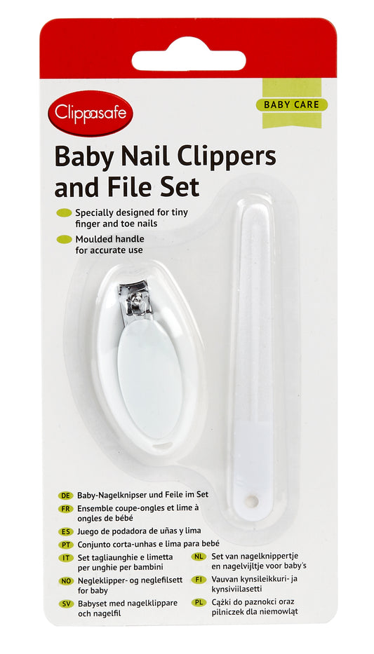 Clippasafe- Baby Nail Clippers & File Set 2-In-1 Grip,- White