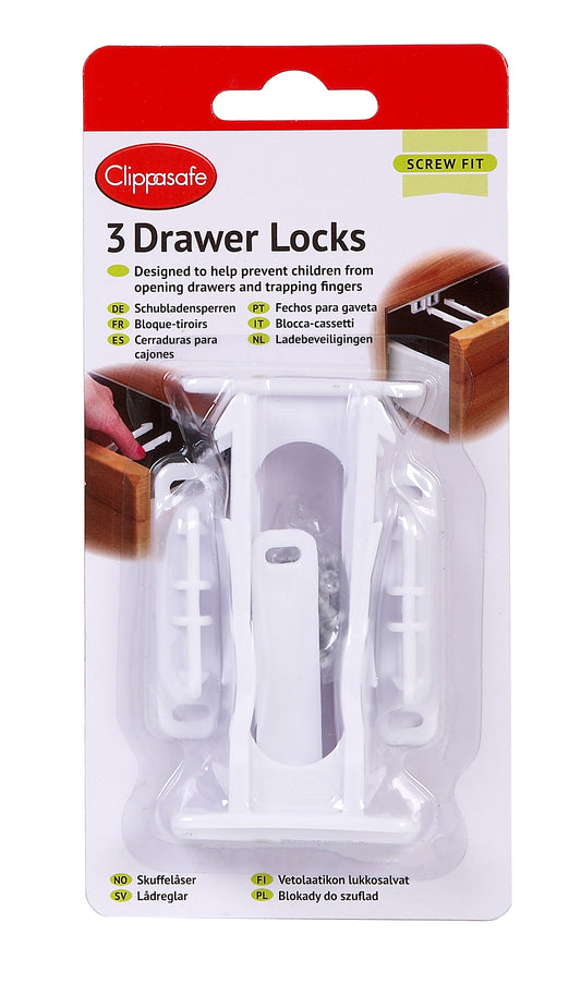 Clippasafe- Drawer Locks Anti Finger Strap Mechanism Easy To Fit Pack Of 3- White