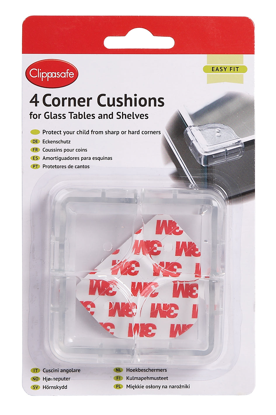 Clippasafe- Corner Cushions For Glass Tops Easy Fit Soft & Resilient - Pack Of 4- Clear