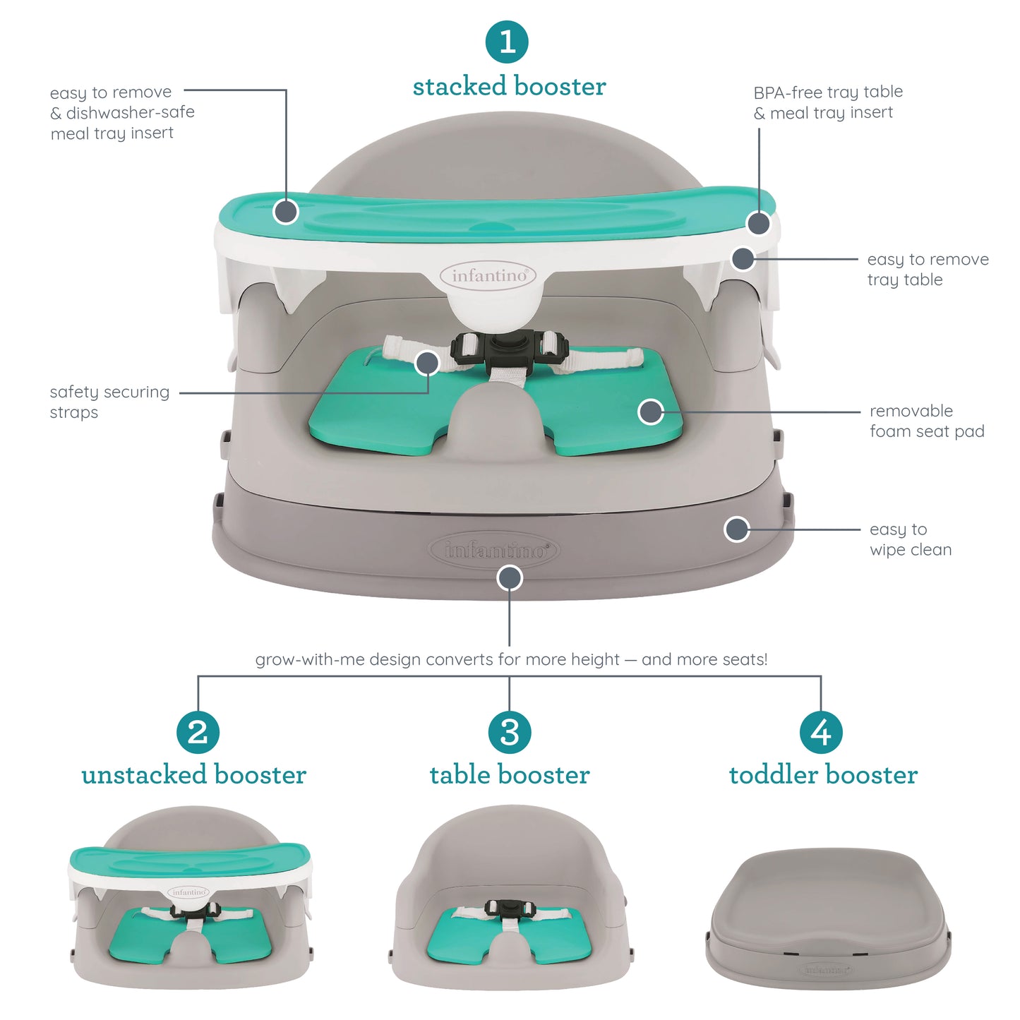 Infantino- Grow-With-Me 4-In-1 Two-Can-Dine Deluxe Feeding Booster-Multicolor