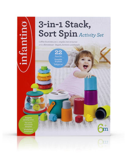 Infantino- 3-In-1 Stack, Sort Spin Activity Set -Multicolor