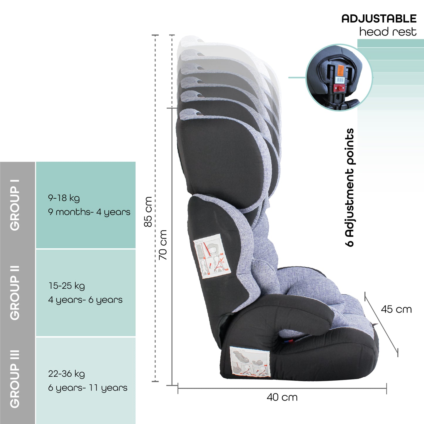 Moon -  Tolo - Baby/Kids Car Seat (Group-1,2,3)  - Grey