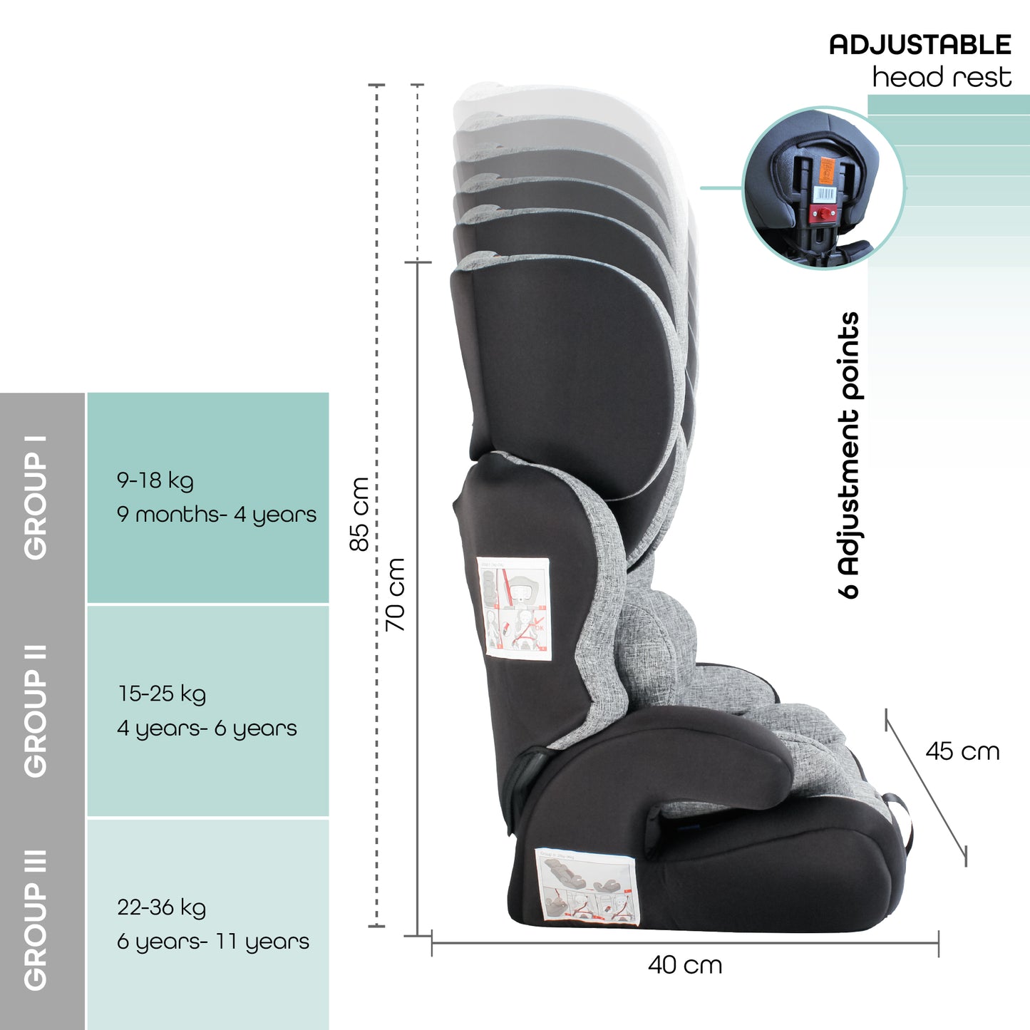 Moon -  Tolo - Baby/Kids Car Seat (Group-1,2,3) - Grey