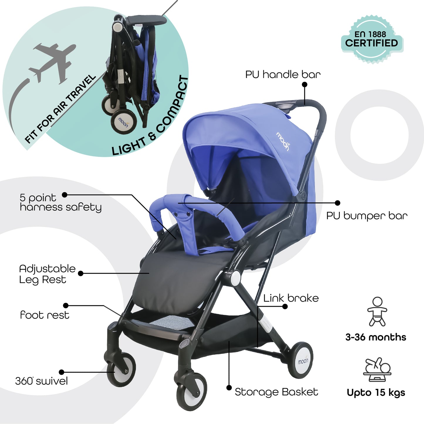 Moon - Travel-Lite  - Cabin Stroller - Blue