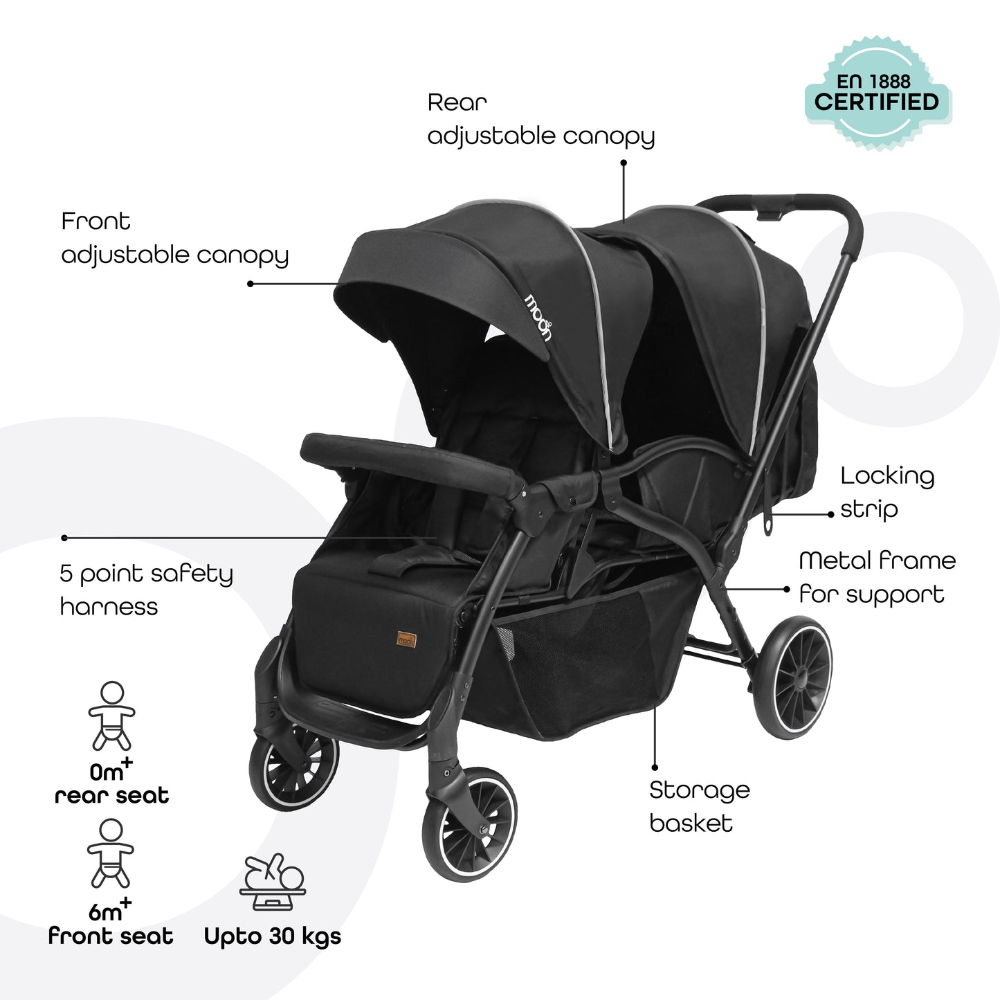 Moon - Dois - Twin Stroller - Black