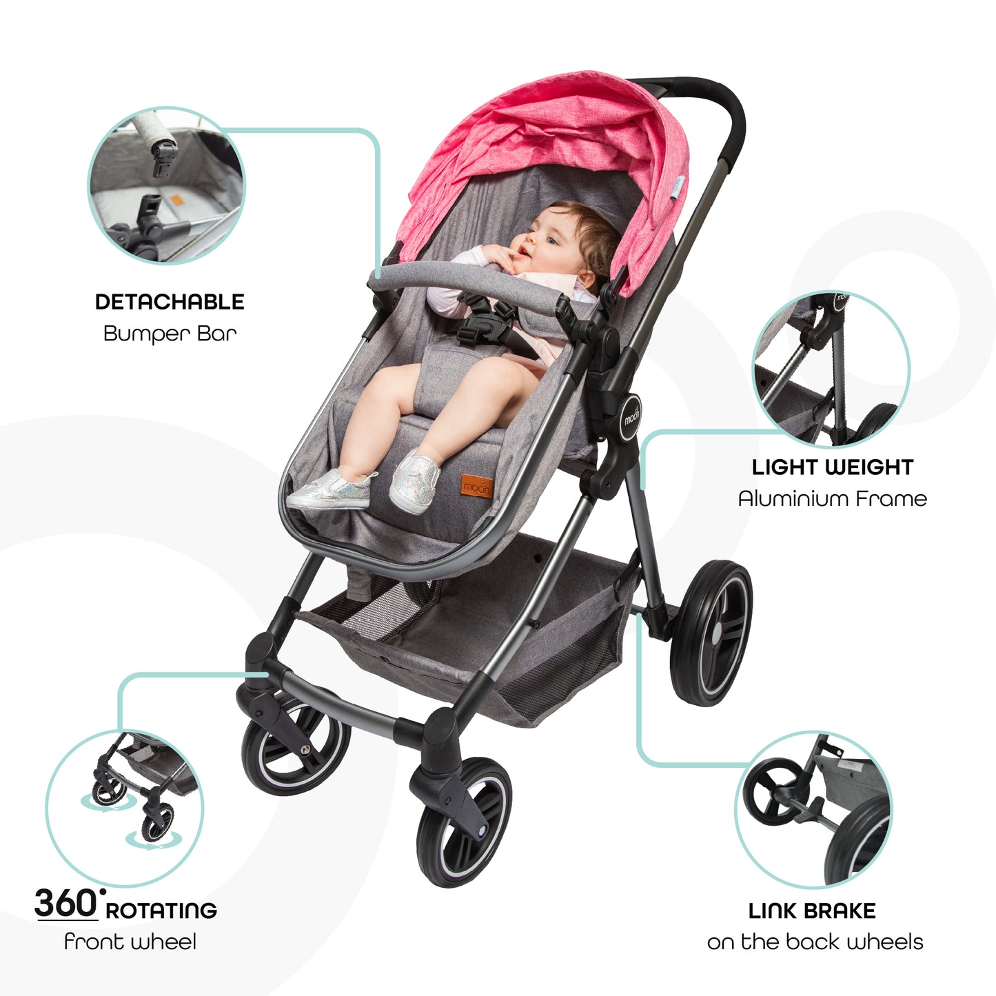 Moon -  Pro - 2 In 1 Stroller - Pink