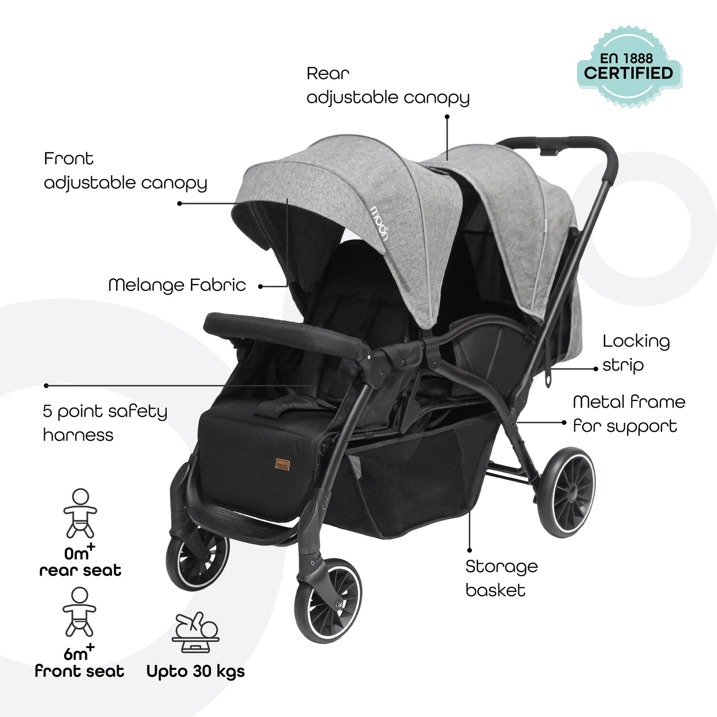 Moon - Dois - Twin Stroller - Grey