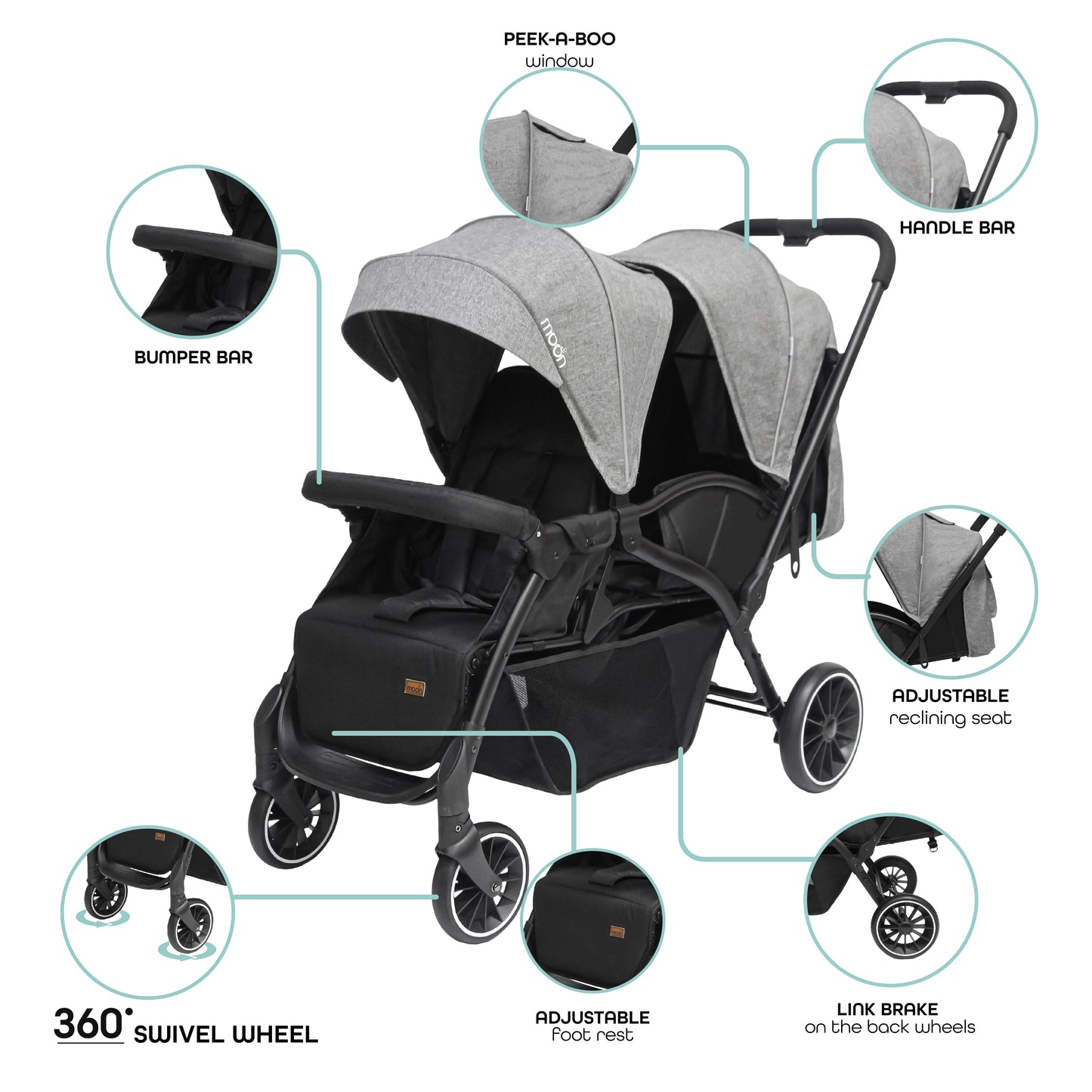 Moon - Dois - Twin Stroller - Grey