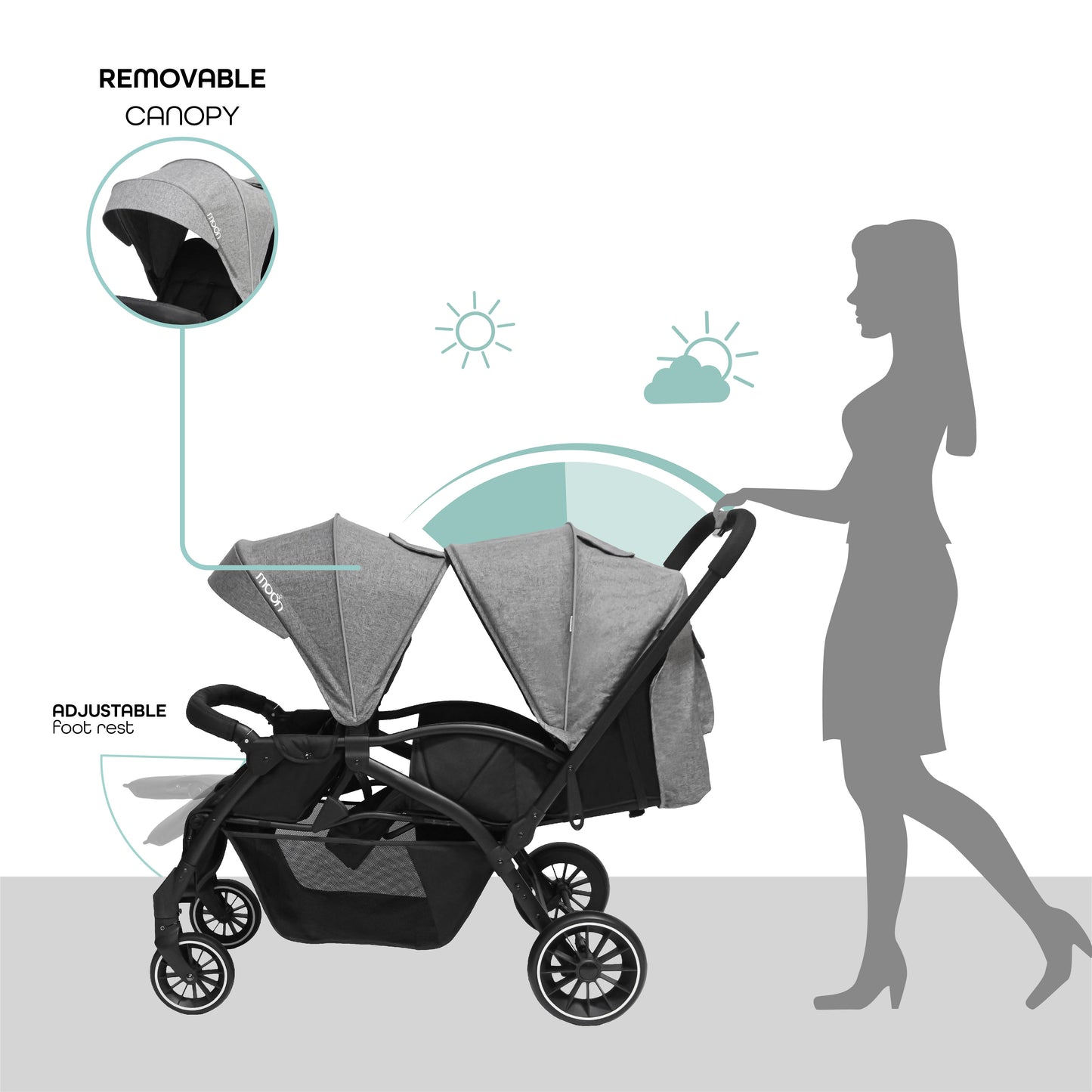 Moon - Dois - Twin Stroller - Grey