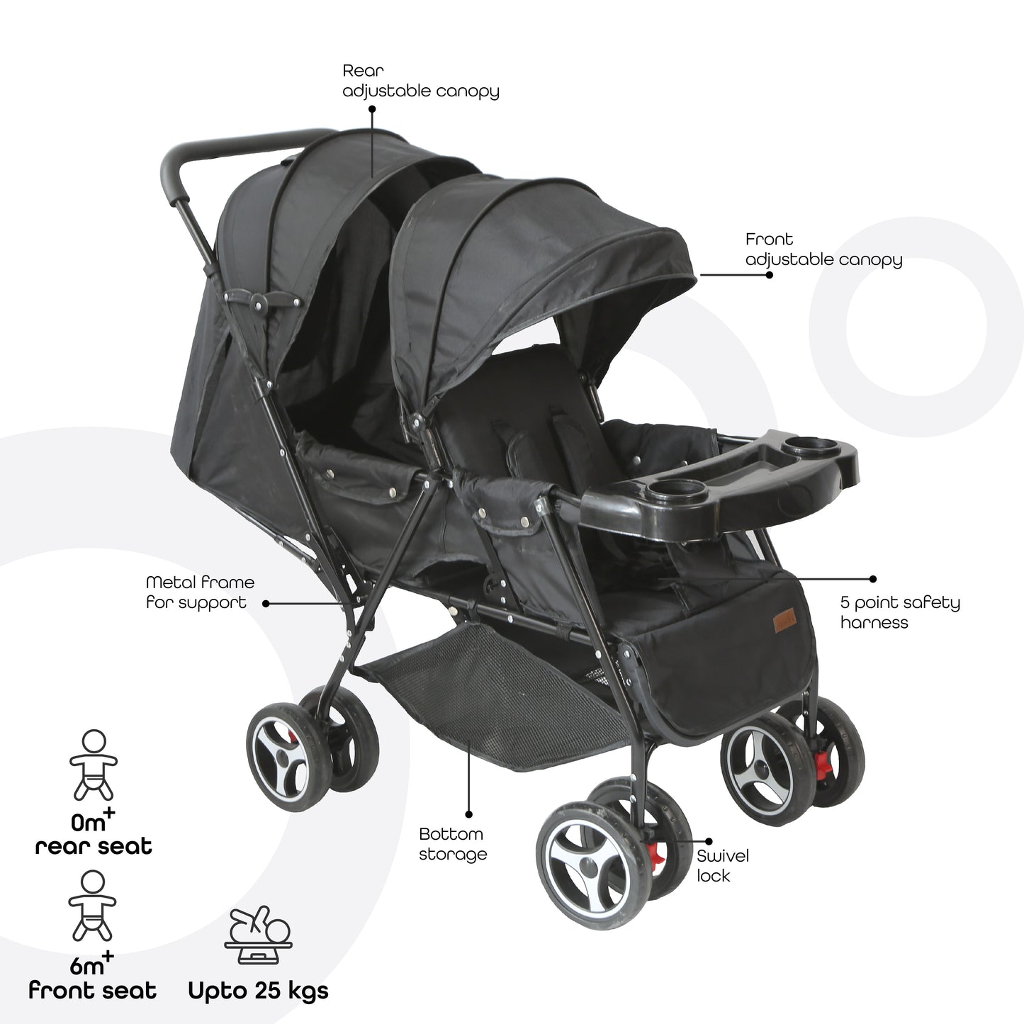 Moon - Magnum Tandem Easy Fold Twin Travel Stroller - Black