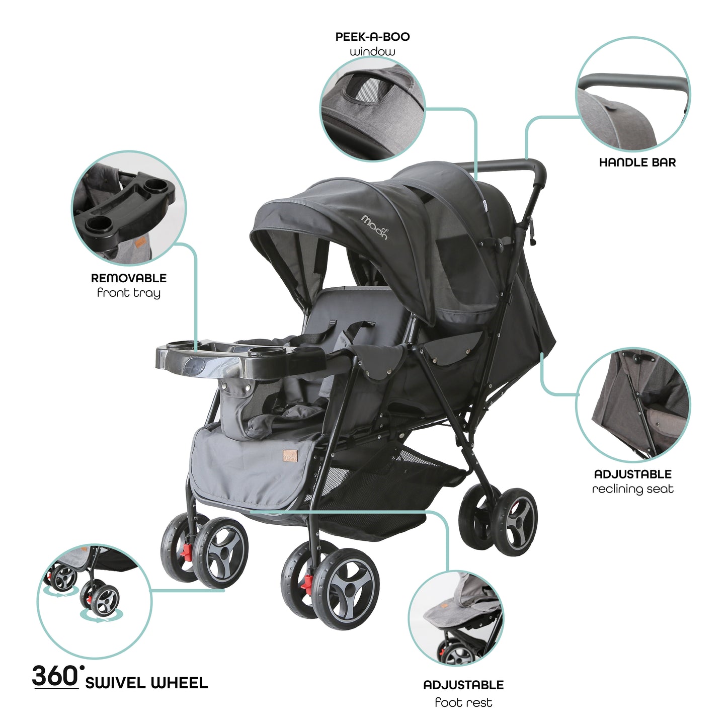 Moon - Magnum Tandem Easy Fold Twin Travel Stroller - Black