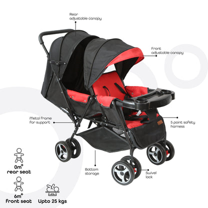 Moon - Magnum Tandem Easy Fold Twin Travel Stroller - Red