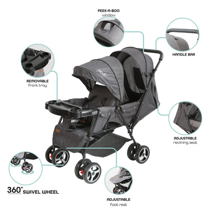 Moon - Magnum Tandem Easy Fold Twin Travel Stroller - Grey