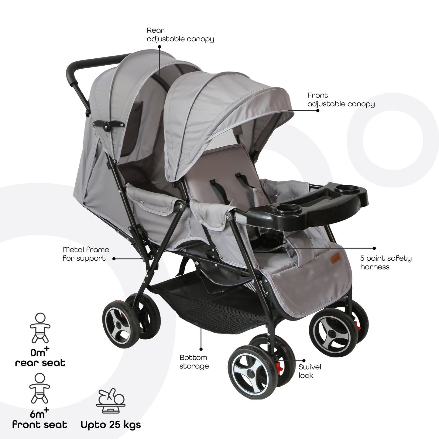 Moon - Magnum Tandem Easy Fold Twin Travel Stroller - Grey